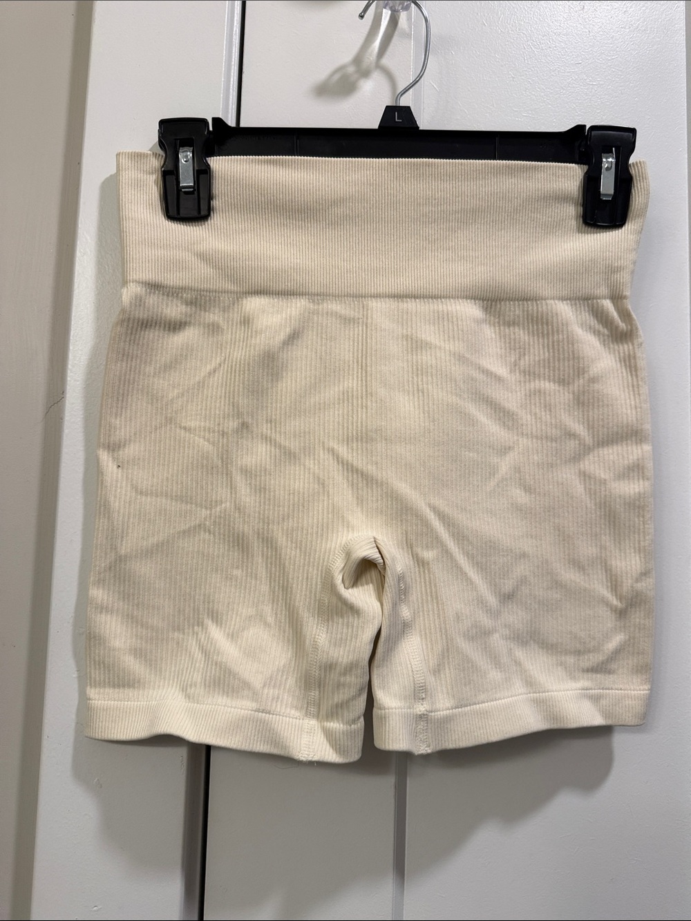Cream Ribbed High-Waist Workout Shorts